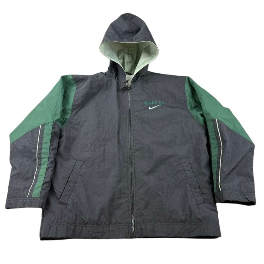 Vintage Nike Hooded Jacket Boys L 14/16 Black Zip Front Swoosh Embroidered Nylon